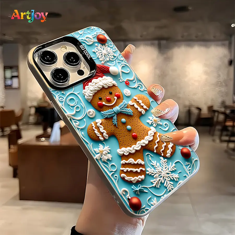 Shockproof Smartphone Casing - 3D Gingerbread Man in Santa Hat & Snowflake Print on Light Blue Base, Trendy Versatile Handheld Cellphone Accessories, Protective Cover for iPhone 17 Pro Max,16,16 Plus,15,14,13 (Ideal Birthday, Holiday Gift), Soft Shell