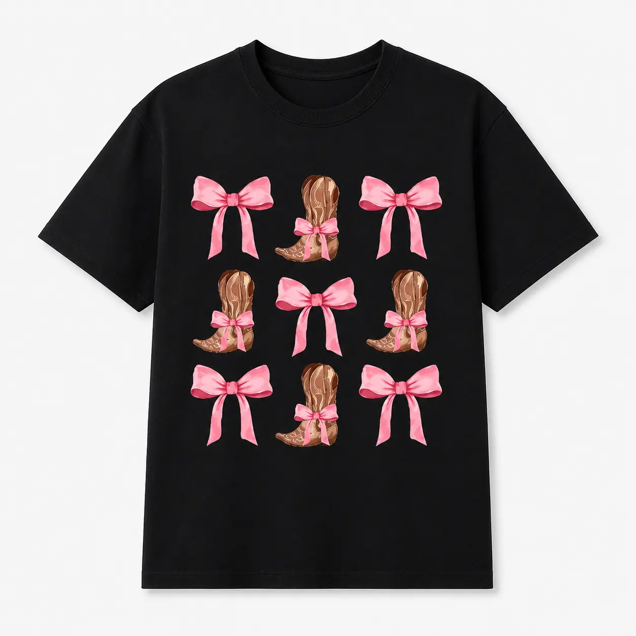 Bow & Boot Graphic Round Neck Short Sleeve T-Shirt, Cotton Western Cowgirl Graphic Tee, Pink Bow Cowboy Boot Print Casual Shirt for Women