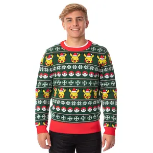 Pokemon Men's Santa Pikachu Holiday Fair Isle Ugly Sweater for Christmas