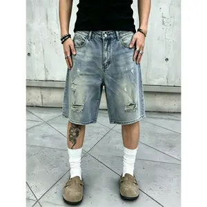 Men’s Oversized Washed Ripped Denim Shorts Classic Distressed Holes Design Loose Fit Casual Streetwear Jorts for Summer Daily Outfit