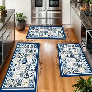 Boho Moroccan Tile Kitchen Mats, Non-Slip Absorbent Runner Rugs, Blue White Floral Floor Carpets for Kitchen Sink, Laundry Room & Hallway