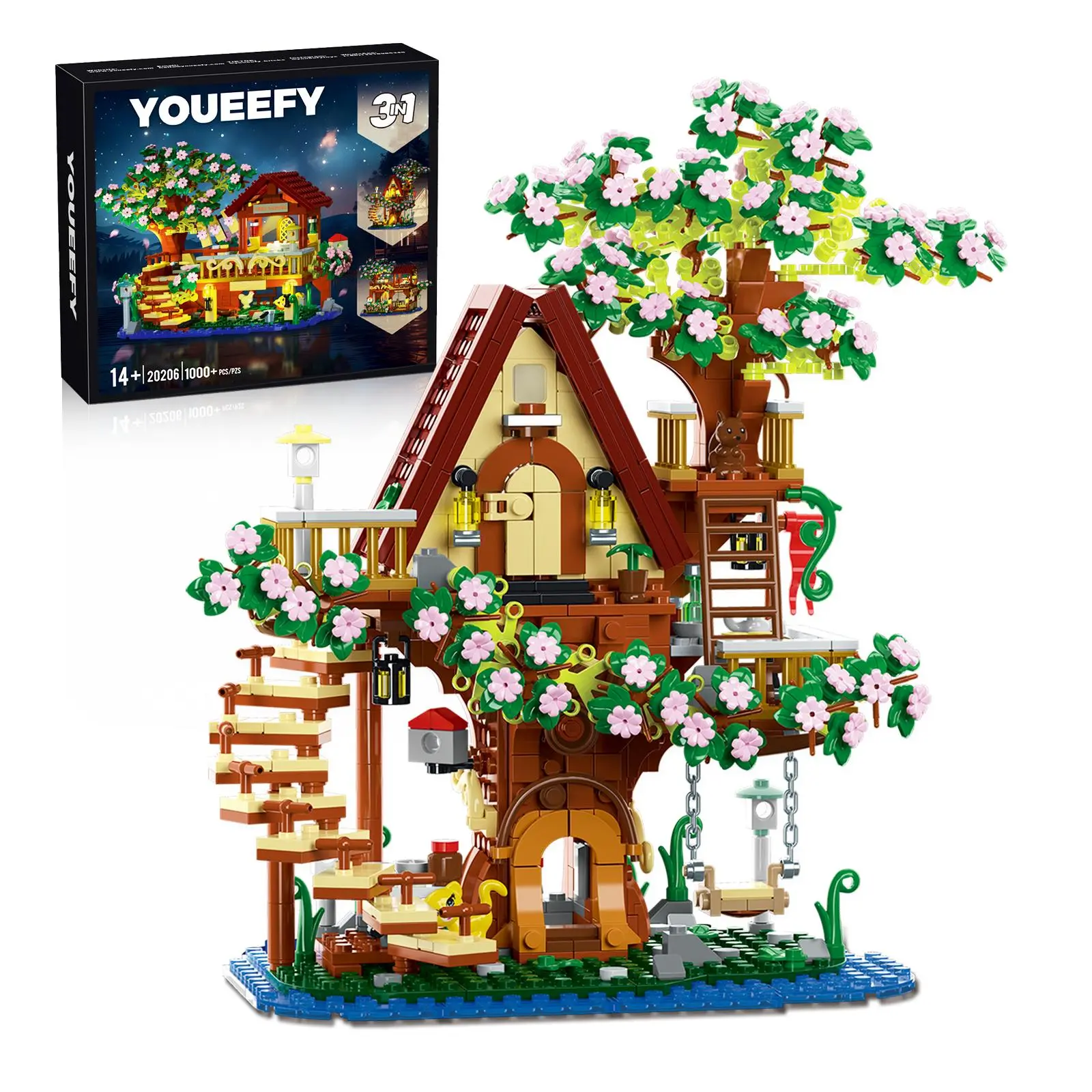 3 in 1 Cherry Blossom Tree House Building Blocks Set, 1000+PCS DIY Architecture Brick Display Model Toy with Light, Fun Gift for Birthday & Christmas