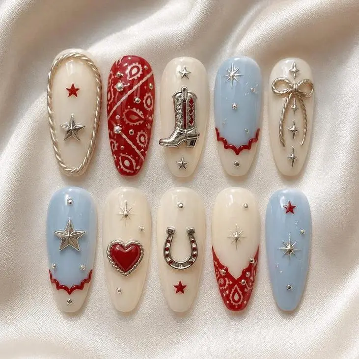 Western Press on Nails 3D Cowgirl Cowboy Boot Horseshoe Charm Red White Blue Chic Coquette Y2K