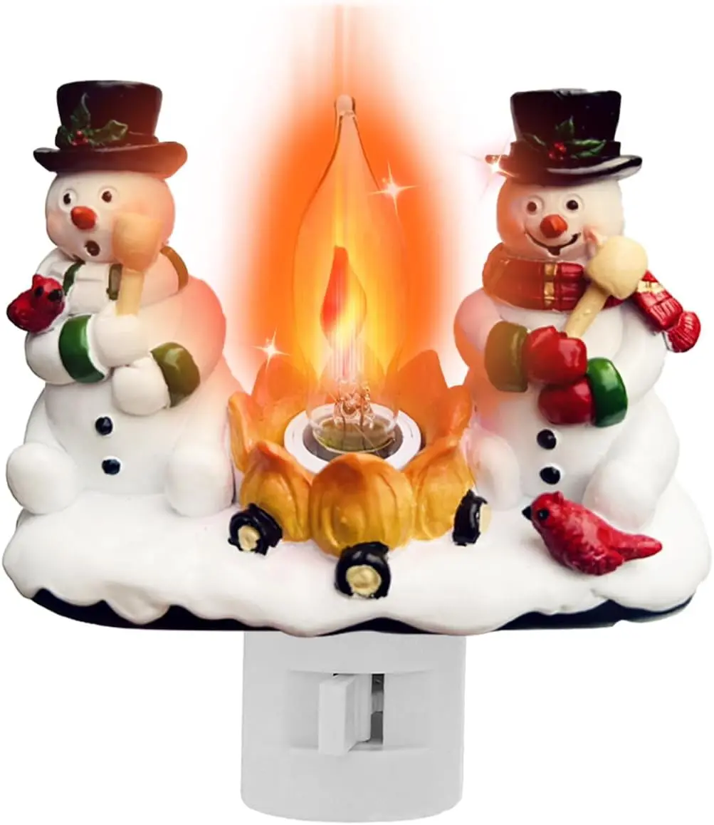 Christmas gifts, snowman bonfire night light, 4-inch resin rotating plug Christmas night light with flame flickering effect, suitable for children's rooms, corridors, living rooms, staircase decoration, gifts, small presents