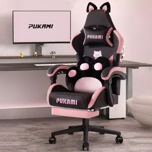 Cute Gaming Chair With Cat Ears & Cat Paw Lumbar Support, Ergonomic Reclining PC Chair For Kids, Girls & Teens, With Footrest, Headrest & Adjustable Features