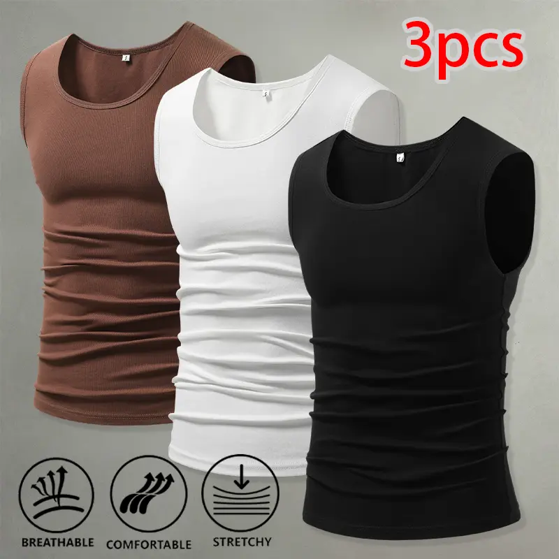 Men’s 3-Pack Ribbed Crew Neck Tank Tops — High Stretch, Breathable, Slim Fit, Sleeveless Athletic Base Layer Tops