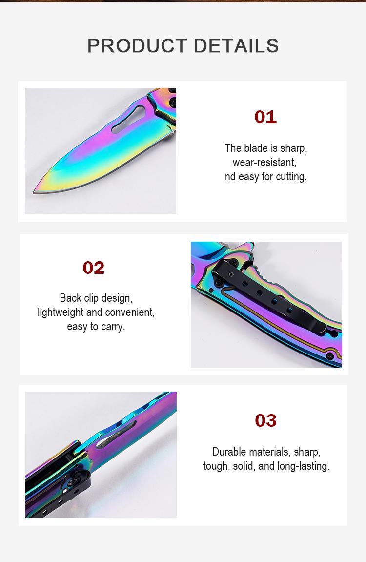 Portable EDC multifunctional tactical outdoor colorful folding knife and pocket knife. All-steel construction with a quick-opening design; outdoor cutting tool designed specifically for climbing and fishing; an essential item for camping and hiking.