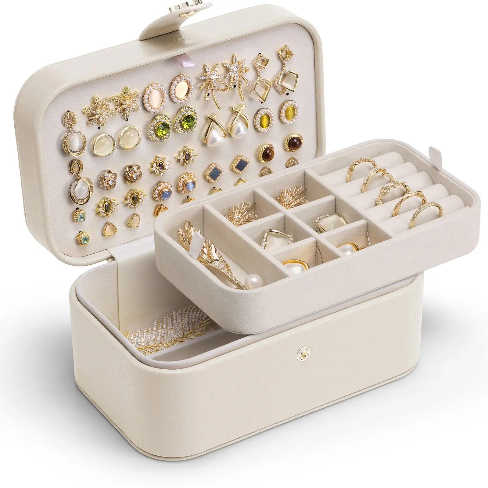 VLANDO PU Leather Waterproof Rectangular Jewelry Case - 2-Layer Large Cap. Compact Elegant Organizer with Dust Proof Storage for Necklaces, Earrings, Bracelets, Rings, Watches - Cloud White Women's Home Storage Box