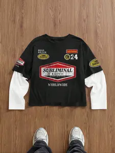 Men's Two-Piece Long Sleeve T-Shirt, Racing Style Badge Slogan Pattern, Casual Fashion Streetwear, Perfect Gift Choice