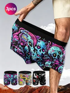 3Pcs Men's Skull & Graffiti Print Boxer Briefs, Streetwear Punk Breathable Underwear, Trendy Horror Casual Boxers for Daily Wear