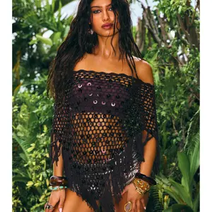 Bare Minimum Drama Sequin Crochet Fringe Poncho