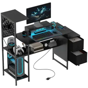 HOMCOM 56" Gaming Desk (Desks for Gaming) with Power Outlets, LED Lights, Monitor Stand, Storage Shelves, Fabric Drawers, 2 CPU Stands & Pegboard for Home Office, Black, Gaming Desks