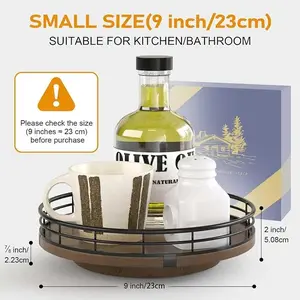 Farmhouse Oak 9" Lazy Susan Turntable Organizer for Cabinet, Round Wooden Lazy Susan Organization and Storage for Dining Table, Pantry, Kitchen, Countertop, Cupboard,Home Decor, Walnut Wood