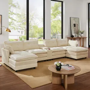 Cloud Modular Sectional Sofa 154", 6 Seat U Shaped Corduroy Couch with Central USB Charging Station & Ottomans for Living Room, Grey/Beige