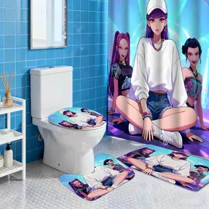 1/4 Pcs cartoon figure KPOP pattern bathroom set with shower curtain and carpet,  bathroom shower curtain set with 12 hooks, including bath mat and U-shaped floor mat, toilet seat oval rug to add a stylish touch to your home decor