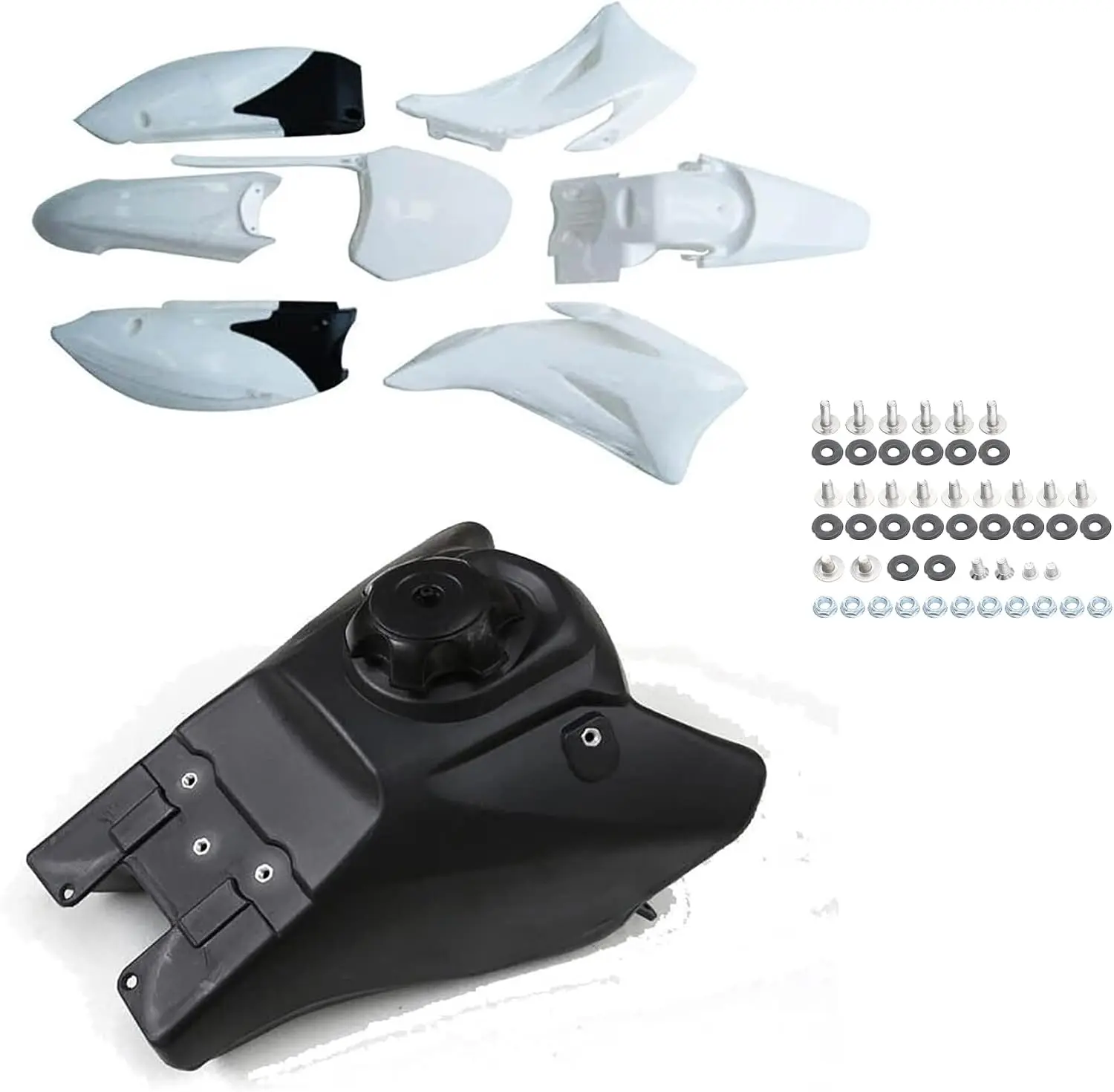 Complete Plastics Fender Fairing Body Kit with Fuel Tank & Hardware for TTR110 TTR110E SSR125TR SSR140 SSR170 Pit Dirt Bike – ABS Fender Side Panels Radiator Shrouds + Gas Tank Full Set (White)