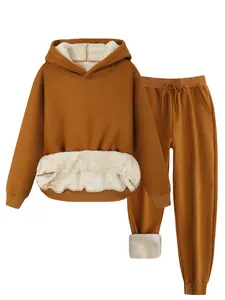 Women's Hooded Lamb Velvet Set, Winter Warm Two-Piece, Casual Fitted Long Sleeve Top & Pants, Thick Kint Fabric