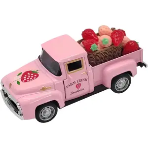 P-SO044   Mini Vintage Strawberry Pink Metal Farm Truck Decor with Fake Strawberries, Home Kitchen centerpieces for tables Farmhouse Pickup Truck Tiered Tray Stand Decorations, Spring & Christmas Desk Display Faux Gift