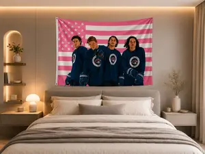 Pink Hockey Team Tapestry Wall Hanging, Trendy Sports Inspired Room Decor, Aesthetic Dorm Bedroom Fabric Poster