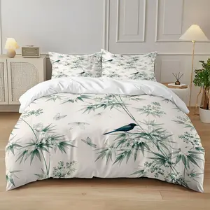 3-piece quilt cover set (1 quilt cover +2 pillowcases, no core) Japanese Zen flower and bird ink bamboo kingfisher print soft and comfortable bedding, suitable for all rooms including hotel bedrooms and rooms