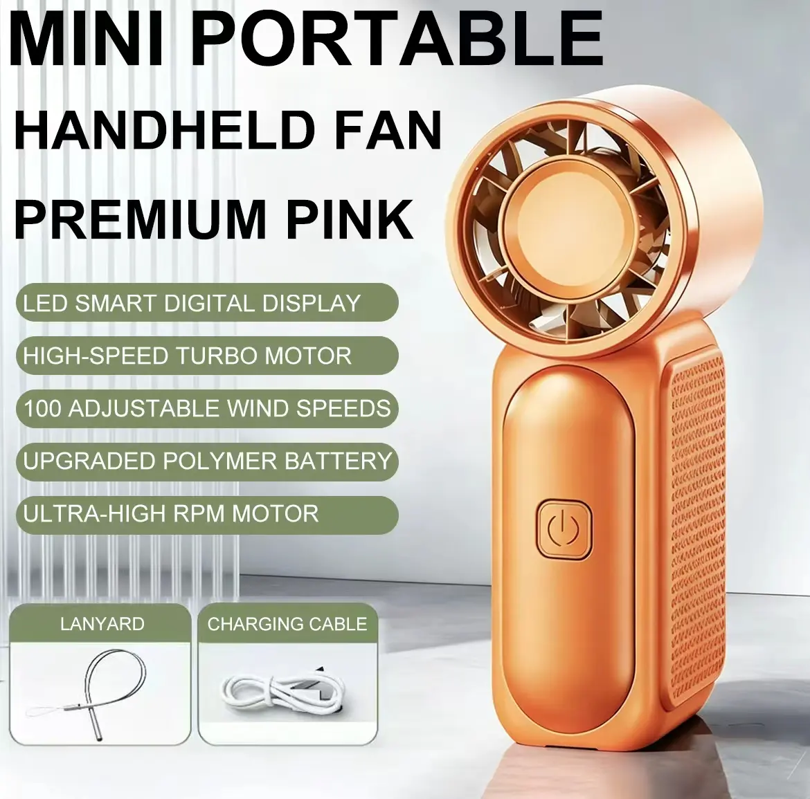 Premium Pink Mini Portable Handheld Cooling Fan - LED Light Smart Digital Display, High-Speed Turbo Motor, 100 Adjustable Wind Speeds, Upgraded Polymer Battery, Intense Fanning, Beat the Heat, Battery Life Portable Fan