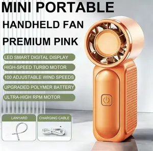 Mini Portable Handheld Fan Premium Pink with LED Smart Digital Display High-Speed Turbo Motor 100 Adjustable Wind Speeds Upgraded Polymer Battery Ultra-High RPM Motor