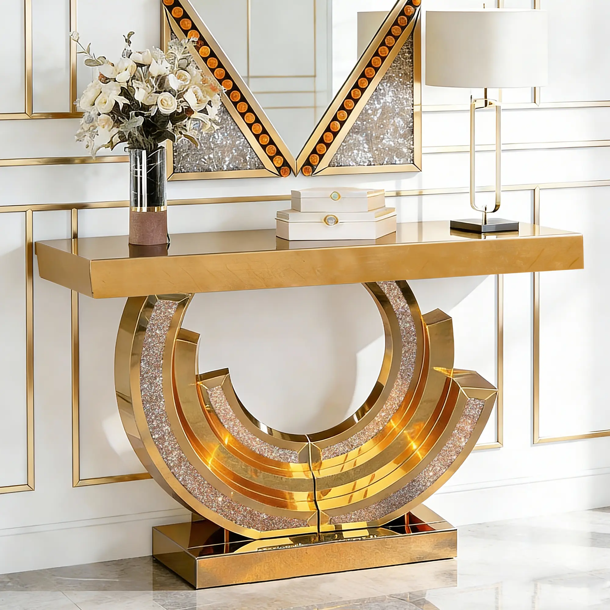 3C Shaped Crushed Diamond Hallway Table For Hotel Mirrored Centre Diamond Console Table Crushed Diamond Mirrored Console Table Entryway Table with Diamond Inlay Long Accent Table Glass Sofa Table for Home Decor