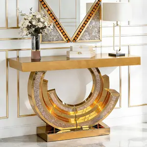3C Shaped Crushed Diamond Hallway Table For Hotel Mirrored Centre Diamond Console Table Crushed Diamond Mirrored Console Table Entryway Table with Diamond Inlay Long Accent Table Glass Sofa Table for Home Decor