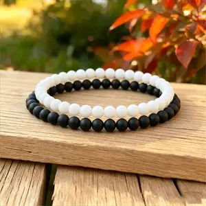 2pcs/set Natural Matte Black & White Onyx 4mm Beaded Bracelet, Protection Grounding Strength Healing Minimalist Crystal Jewelry Everyday Stacking Gifts Unisex