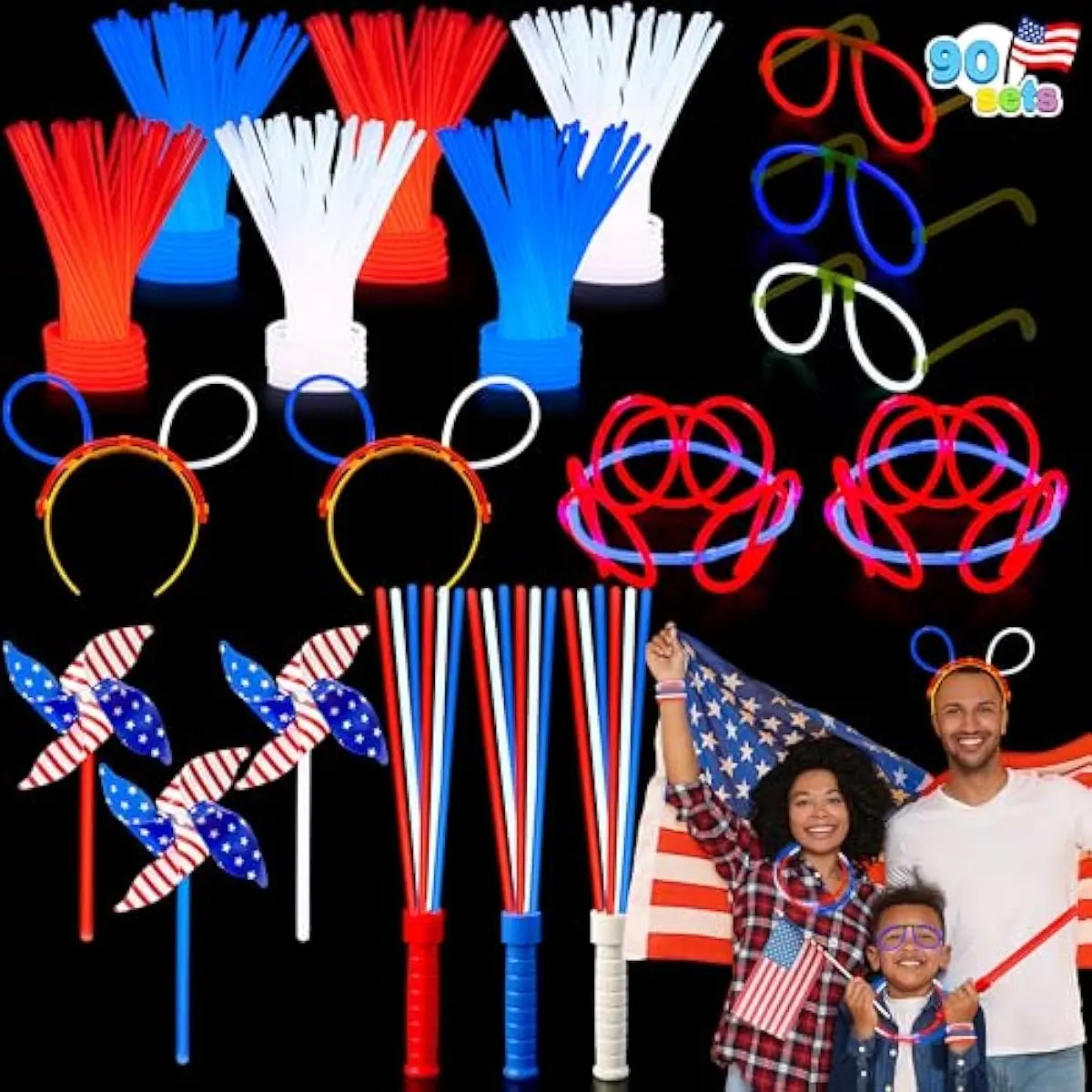 90 PCS July 4th Glow Sticks Set, Red White Blue Patriotic Glow Sticks with Connectors, Glow in the Dark Pinwheels Wands, Headbands & Glasses Party Favors for Independence Day Accessory Decor