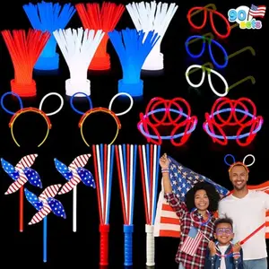 90 PCS July 4th Glow Sticks Set, Red White Blue Patriotic Glow Sticks with Connectors, Glow in the Dark Pinwheels Wands, Headbands & Glasses Party Favors for Independence Day Accessory Decor