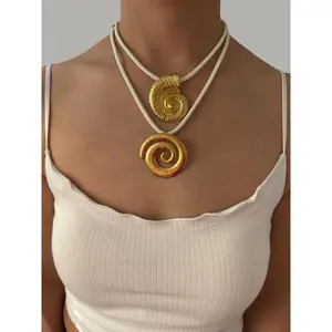 Exaggerated Stainless Steel Starfish Shell Conch Sun Pendant Necklace for Women Trendy Ocean Style Jewelry Beach Party Accessory chain stack