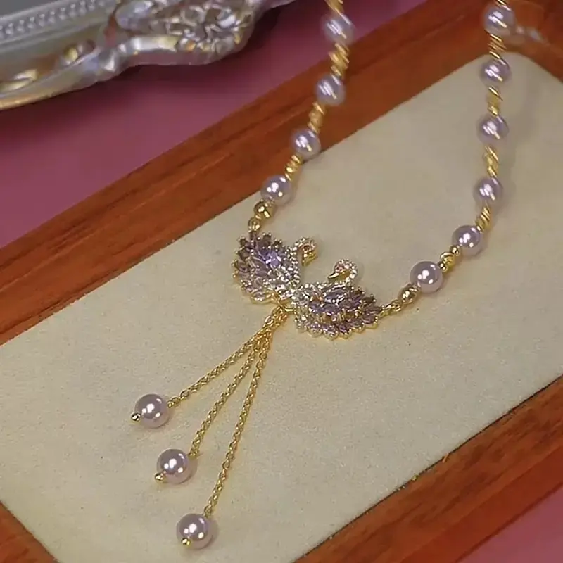 Luxury Purple Swan Necklace, Chic Minimalist Elegant Pendant, Fashion Statement Jewelry, Perfect Accessory for Cheongsam Dress Crystal Sparkling