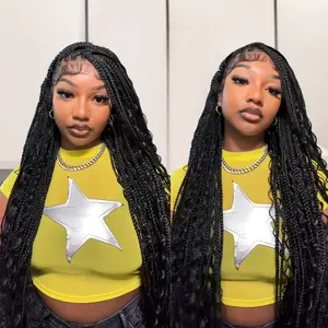Supernova Full Handmade Braided Wig 36 Inch Full Lace Boho Knotless Box Braid Cornrow Wigs With Curls Ends Synthetic Hair