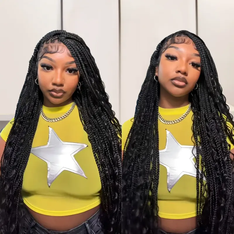 Supernova Full Handmade Synthetic Braided Wig - 36 inch Full Lace Boho Knotless Box Braided Wig with Curled Ends, Boosts Chicness and Comfortability for Natural Beauty Enhancement