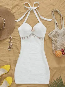 Women's Summer Textured Halter V-Neck Bodycon Starfish Shell Decor Beach Dress, Stylish Casual Wear Vacation, Comfortable & Chic