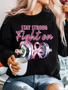 【Plus Size】 Letter & Dumbbell Print Drop Shoulder Sweatshirt, Casual Long Sleeve Round Neck Pullover for Fall & Winter, Women's Clothing for Daily Wear