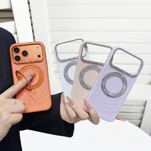 Magnetic Silicone Case with Ring Stand for iPhone 17 Pro Max/17 Pro, Compatible with MagSafe, Luxury Wavy Texture Liquid Silicone Rhinestone Case Shockproof Protective Cover for Women Girls