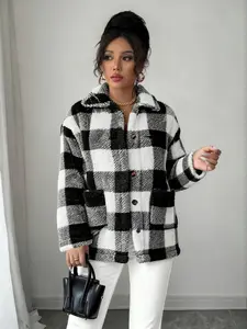 YYTK2025DEC016 Women Blazer Jacket Buffalo Plaid Pattern Dual Pocket Drop Shoulder Flannel Coat ,Plus-Size Fleece Jacket with Plaid Pattern, Sherpa Fleece Plaid Jacket Button Down Jacket Long Sleeve Lapel Collar Shacket with Pockets Coat