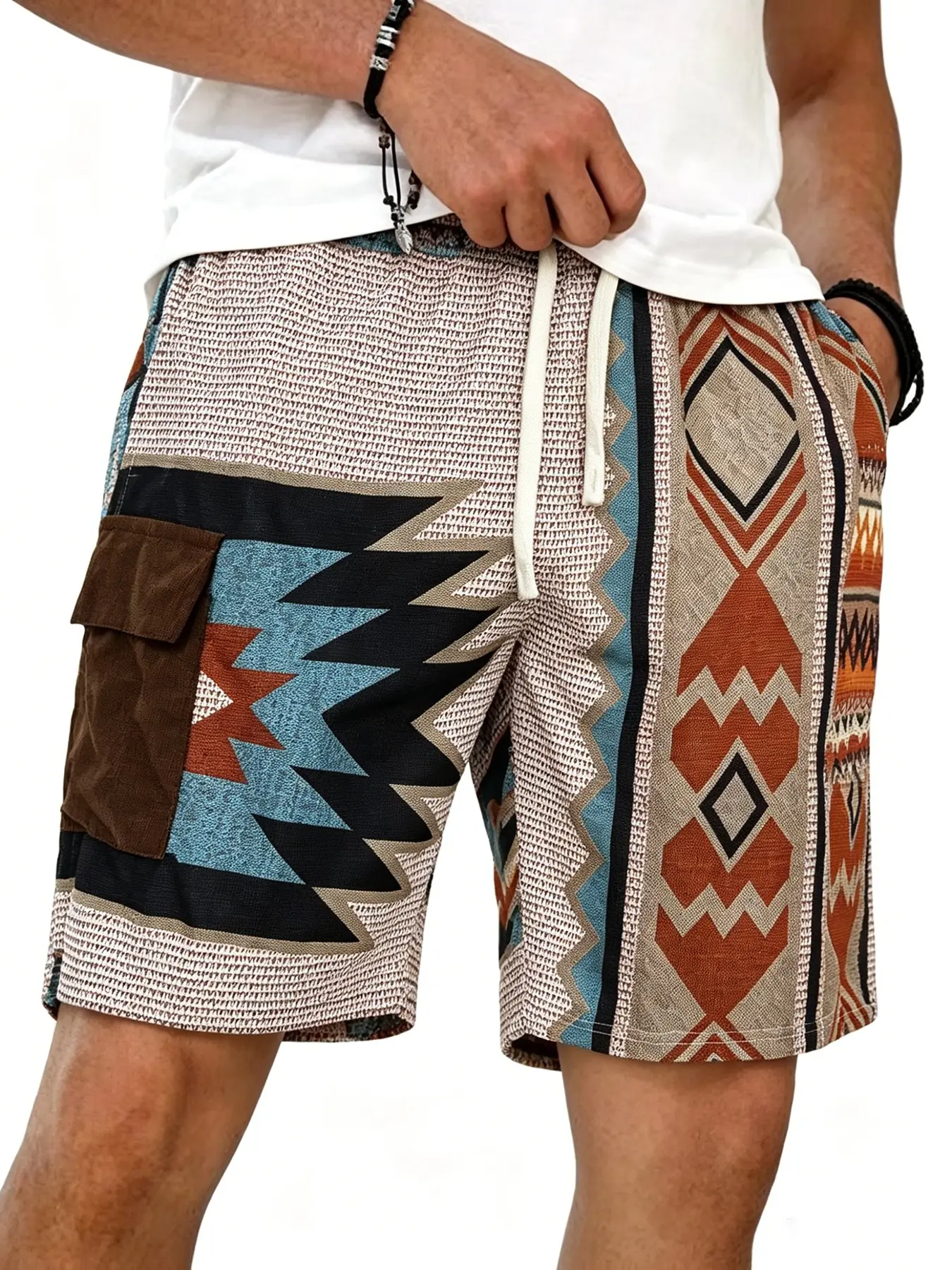 Men's Aztec Print Shorts, Colorblock Print Shorts, Vintage Tribal Knit Workwear Pants, Casual Drawstring Waist, Boho Beach Shorts for Summer, Bohemian Shorts, Tropical Menswear, Casual Tropical Style
