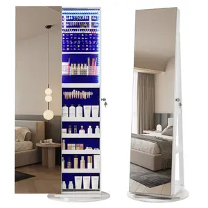 LVSOMT 360° Rotating Full Length Mirror Jewelry Cabinet with Sliding Door, LED Lighted Lockable Jewelry Armoire Organizer, Space-Saving Standing Mirror Storage for Bedroom Dressing Room