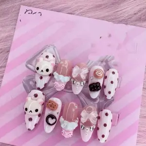 Cartoon Rilakkuma Handmade Long Coffin Almond Press On Nails Cute  Cookie Cake Bow Polka Point False Nail