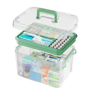 Home Medicine Storage Box, Dual-Layer Multi-Compartment Portable Transparent First Aid Kit with Lid, Family Medication Classification Box