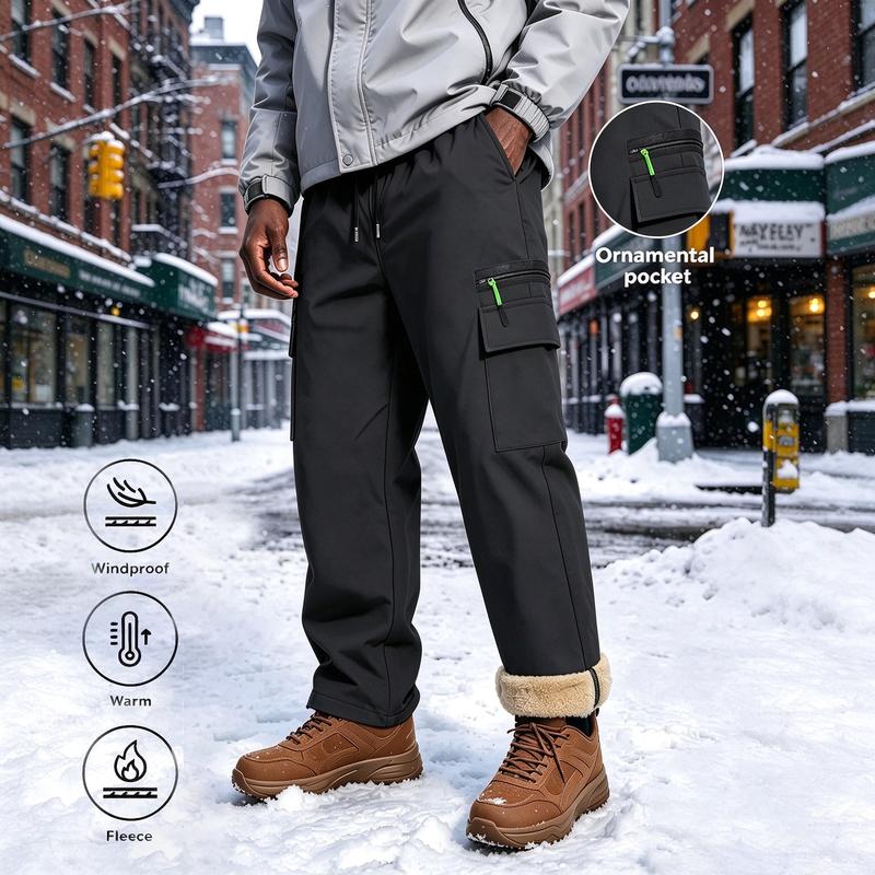 Menswear Black Fleece-Lined Cargo Pants - Warm Winter Streetwear, Windproof Insulated Work Pants with Decorative Zipper Details for Snowy Daily Outdoor Utilitarian Use