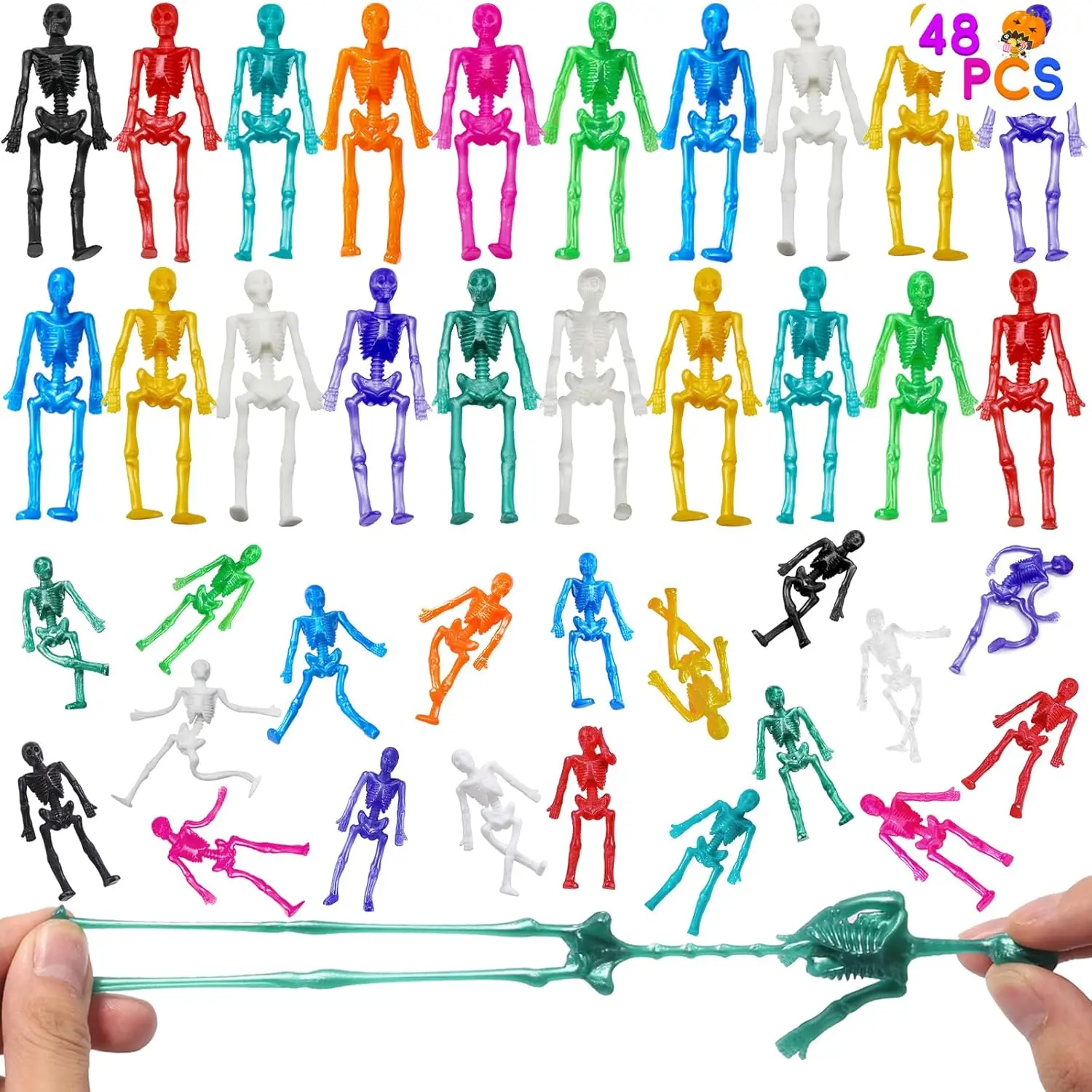 48Pcs Halloween Stretchy Toys Squishy Toys | 12 Assorted Color Squishy Stretchy Skeletonfor Kids Party Favors Halloween Goody Bag Fillers Halloween Sticky Hands Toys
