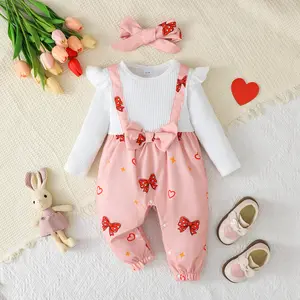 Ready STock Cute Baby Girl Clothes Bow Print Faux Two-Piece Long Sleeve Corduroy Patchwork Romper + Matching Headband 2-Piece Set 42509008