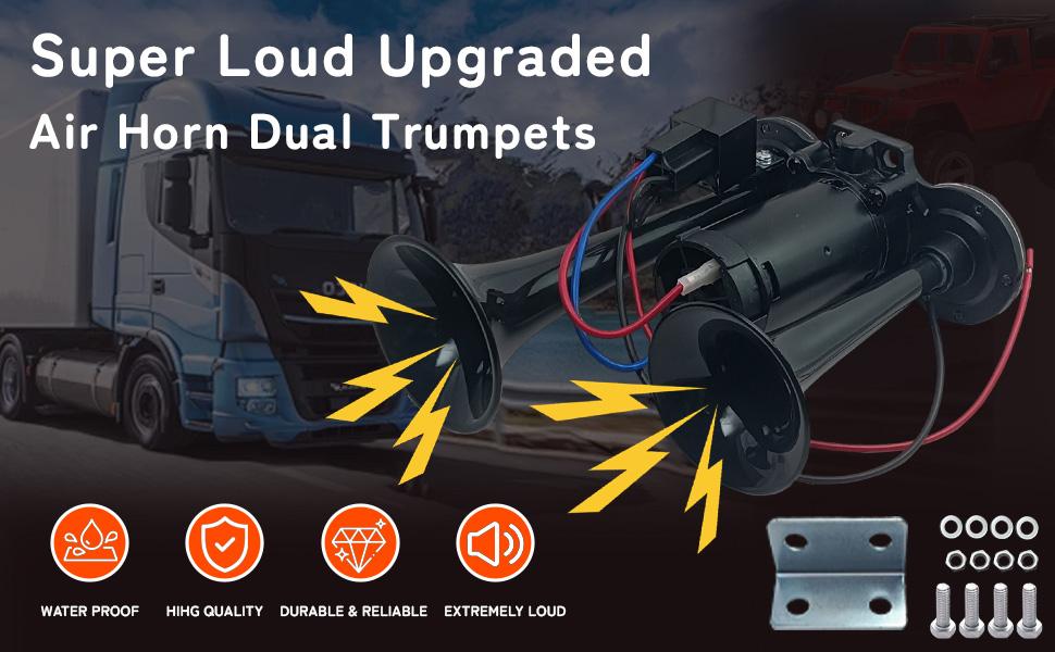 12V 600DB Air Horn Dual Trumpets, Super Loud Truck Train Horns Kit with Air Compressor for 12V SUV Motorcycle Trucks Pickup Lorries Trains Cars Boatsblack