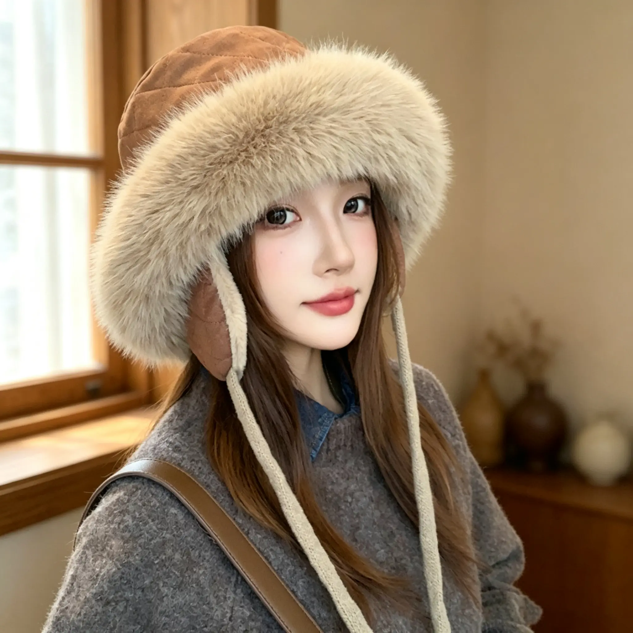 Women's plush earmuff hat, fashionable and warm for autumn and winter, thickened and warm for cycling, windproof and cold-proof, Lei Feng hat.
