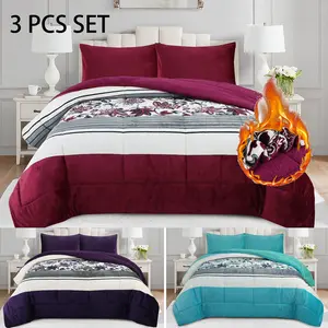 3PCS Thickened Fluffy Winter Quiltr Cozy Anti-Static Flannel Bedding Set with Ultra-Soft Polyester & Plush Micromink Reversible Design
