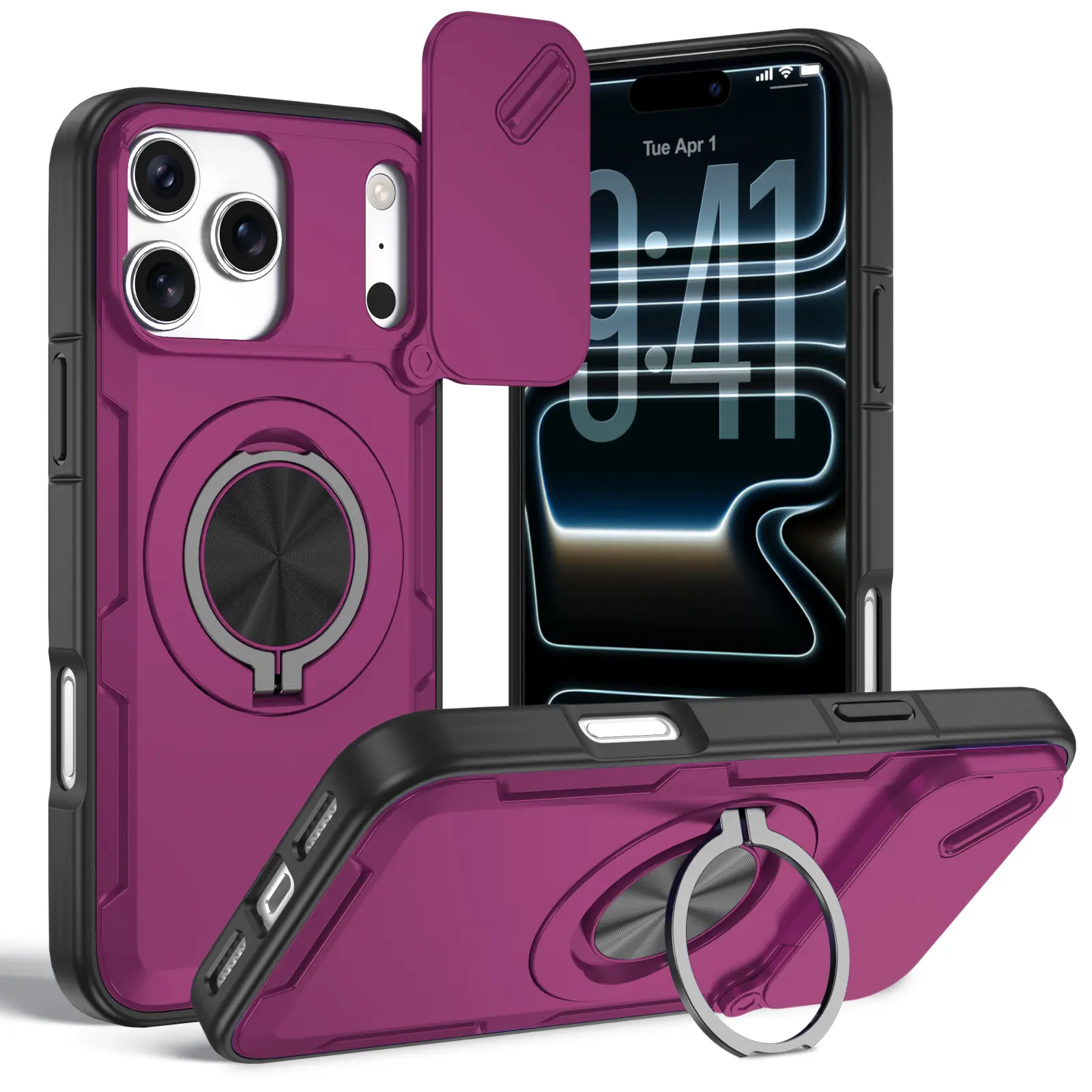 Rugged Case for iPhone 18 17 16 15 14 13 12 Pro Max with Sliding Camera Cover & Ring Stand, Heavy Duty Shockproof Protective Phone Case, 360° Rotating Finger Ring Kickstand, Military Grade Drop Protection for Men Women